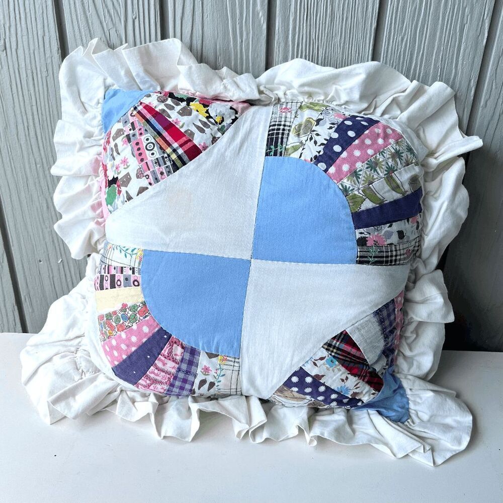 VTG Handmade Quilted Patchwork Pillow Ruffle Edge Cottagecore Farmhouse Deco